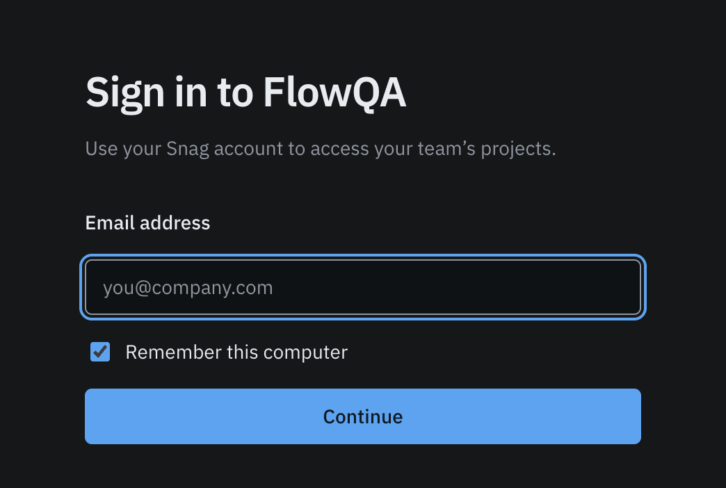 The FlowQA sign-in window, asking for an email address, with a Remember this computer checkbox and a Continue button.